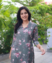 Load image into Gallery viewer, Premium Grey Flower Cotton Kurti
