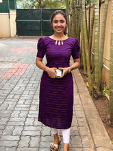 Load image into Gallery viewer, Royal Purple Cotton Kurti with Puff Sleeves
