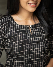 Load image into Gallery viewer, Black Grid-Print Cotton Kurti with Floral Border
