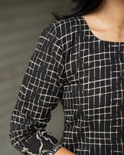 Load image into Gallery viewer, Black Grid-Print Cotton Kurti with Floral Border
